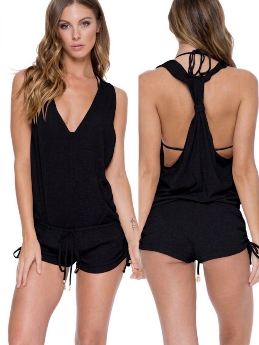 Luli Fama Black Sleeveless V‑Neck Swim Romper Coverup